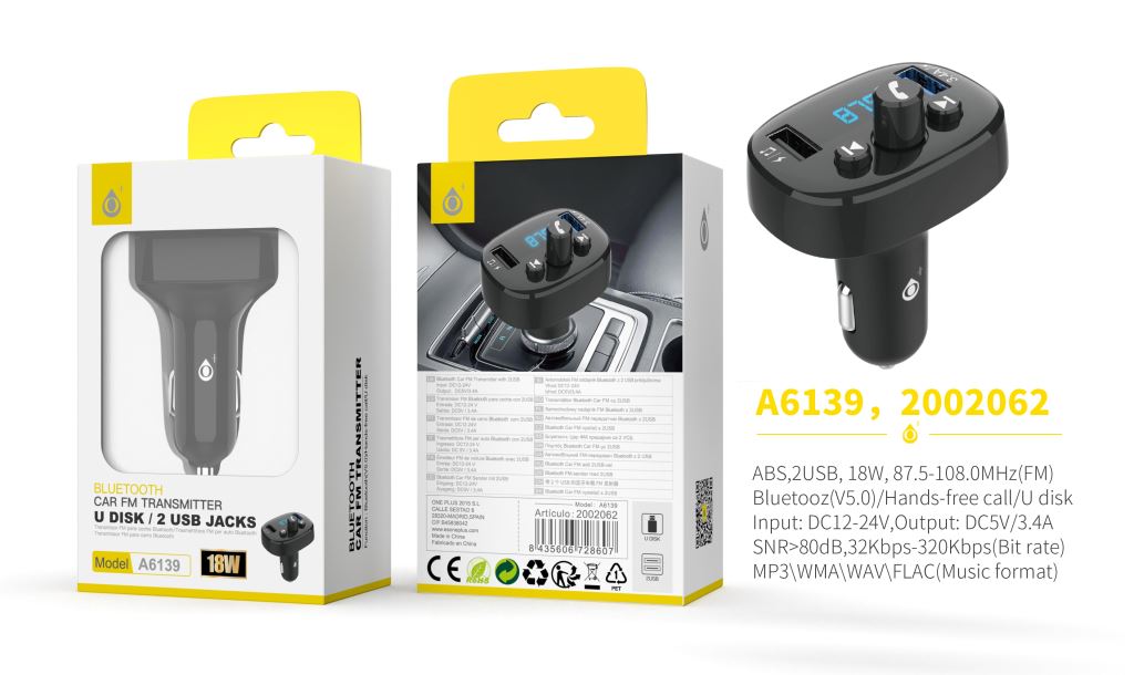 A6139 NE Transmisor Bluetooth Believe para coche , 2 USB con 3,4A Max,  Controlador de llamada y Volumen, FM/USB, Negro - JC Accesorios