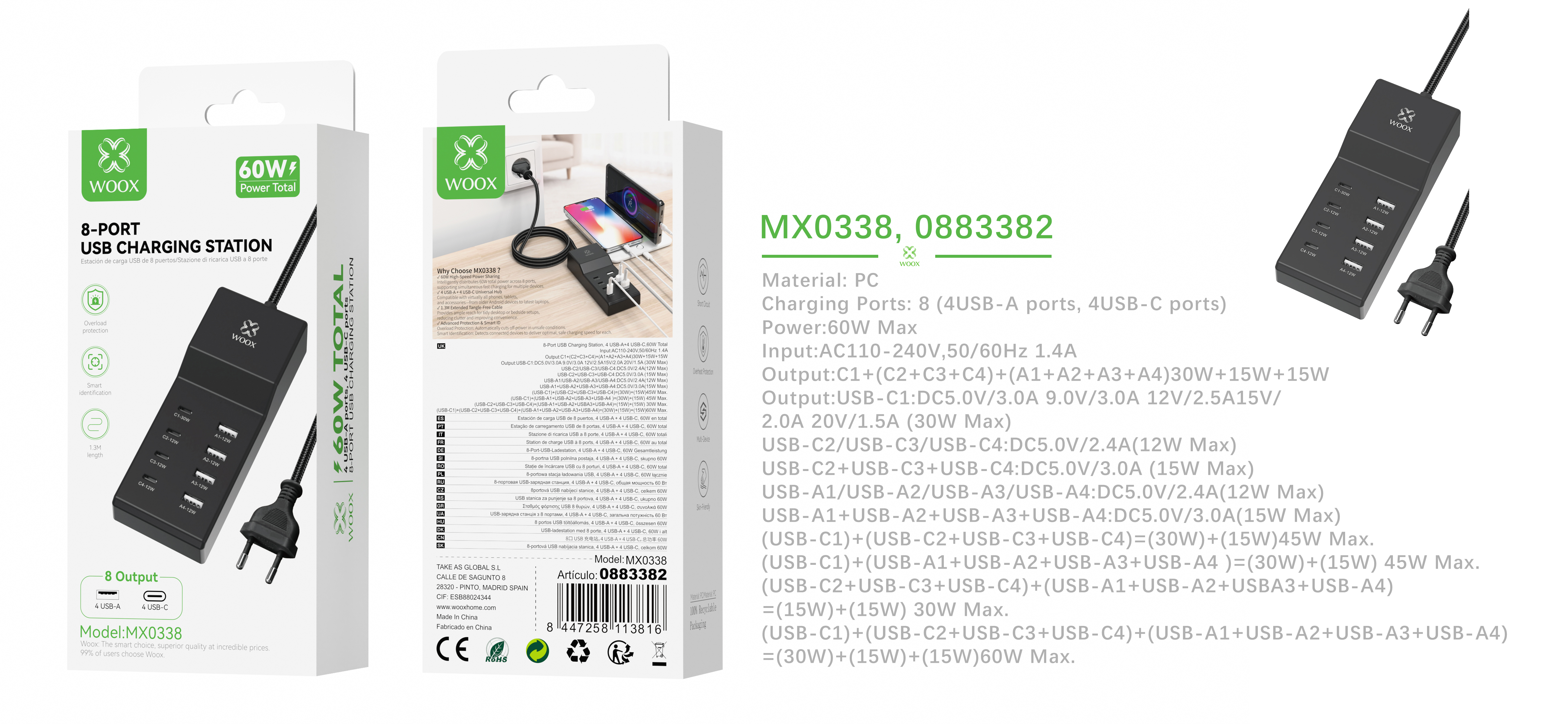 MX0338 NE Cargador Multiple de Pared 8 Puertos 60W Max Cable 1.3M, Negro