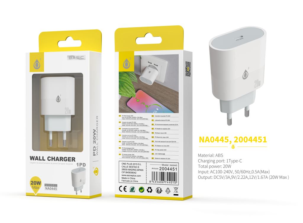 NA0445 BL Cargador de Red Rapida Jorwin, 1 Type-C PD, Sin cable, 20W Max, Blanco