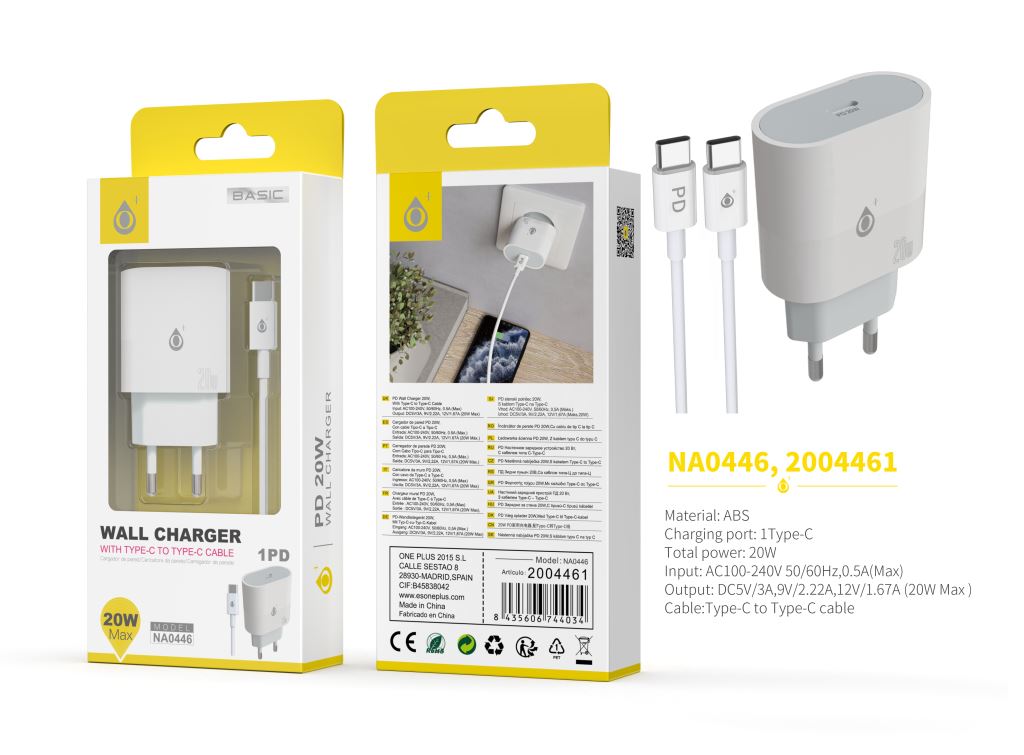 NA0446 BL Cargador de Red Rapida Jorwin, 1 Type-C PD, Con cable Type-C a Type-C, 20W Max, Blanco