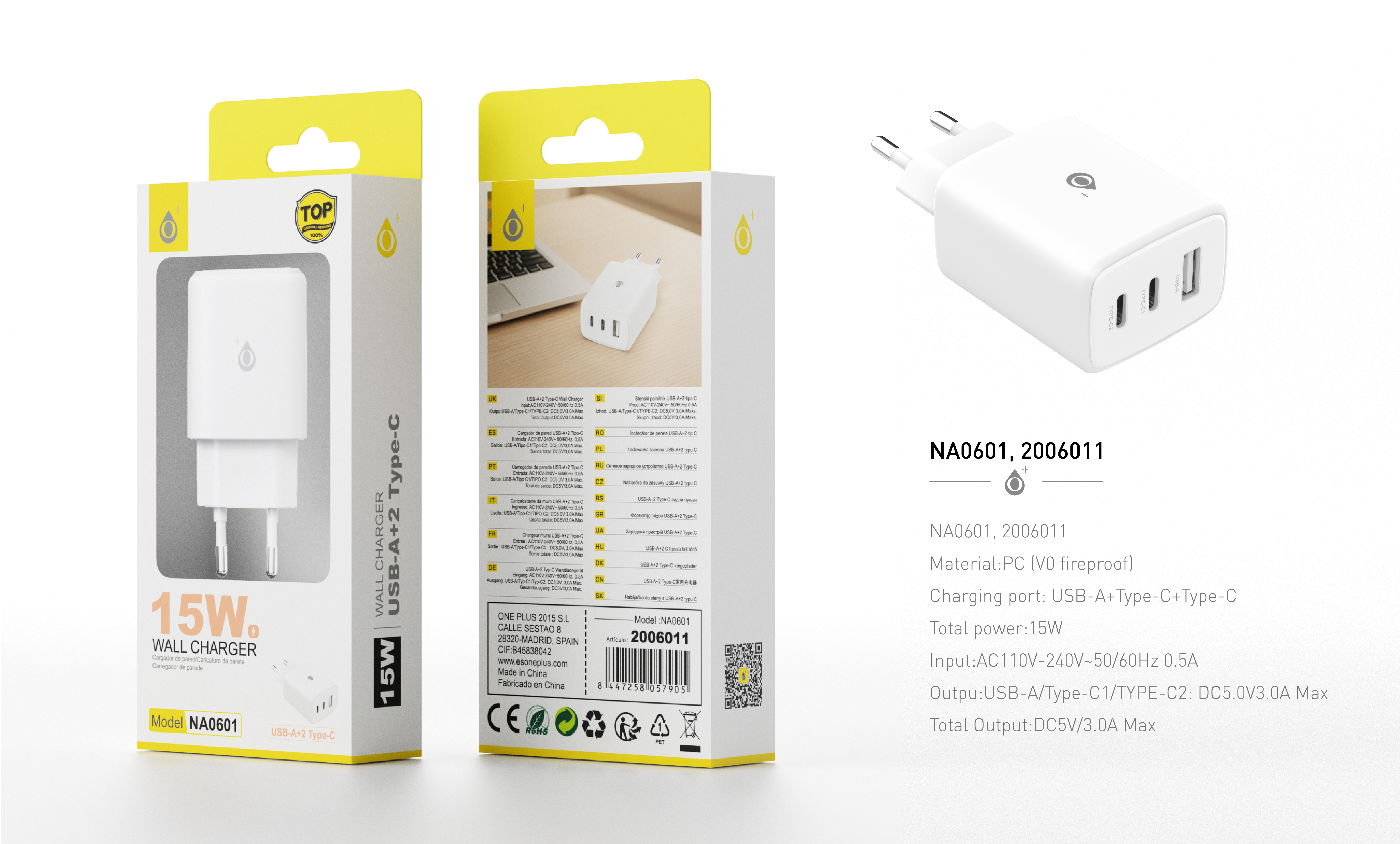 NA0601 BL Cargador de red Faz con smart chip, USB-A+ dual Type-C, 5V/2.4A/12W, Blanco