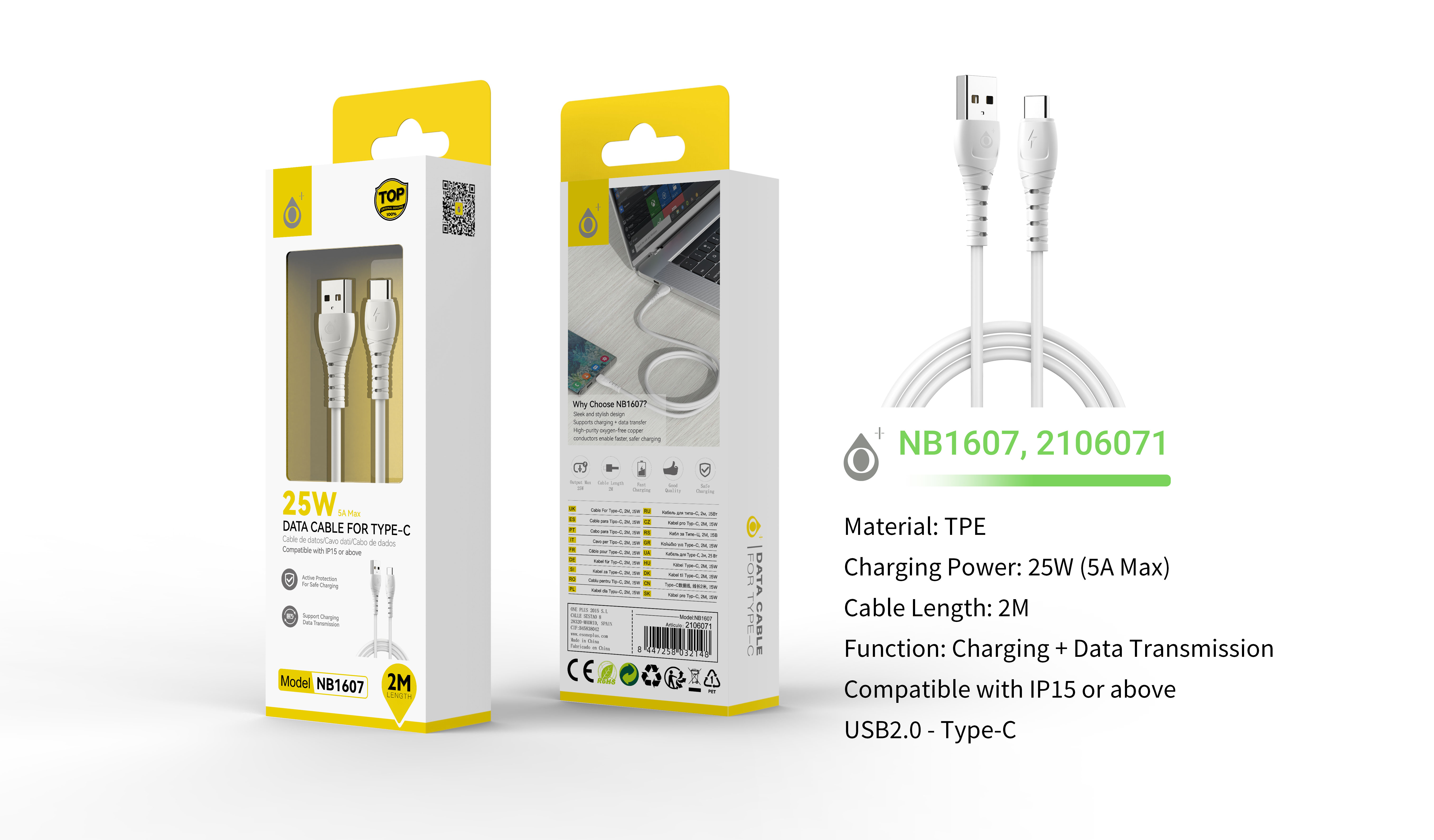 NB1607 BL Cable de Datos Limi Type-C, Carga rapida 25W/5A,Cable 2M, Blanco