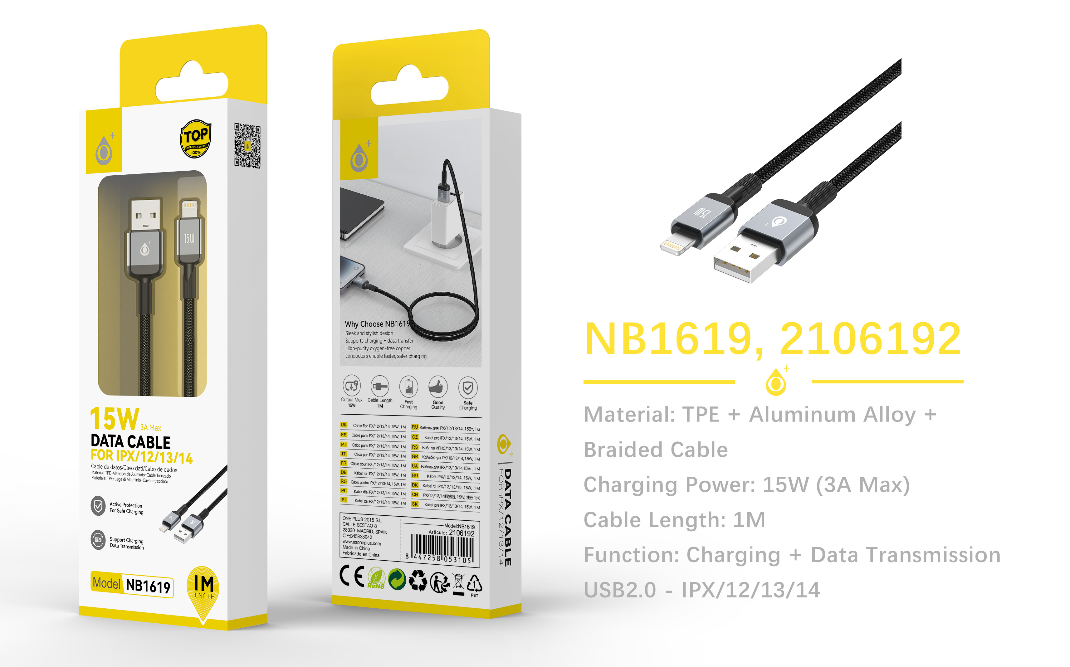 NB1619 NE Cable de datos Pot aluminio trenzado para Iphone 5-14, 15W/3A Max, 1M, Negro