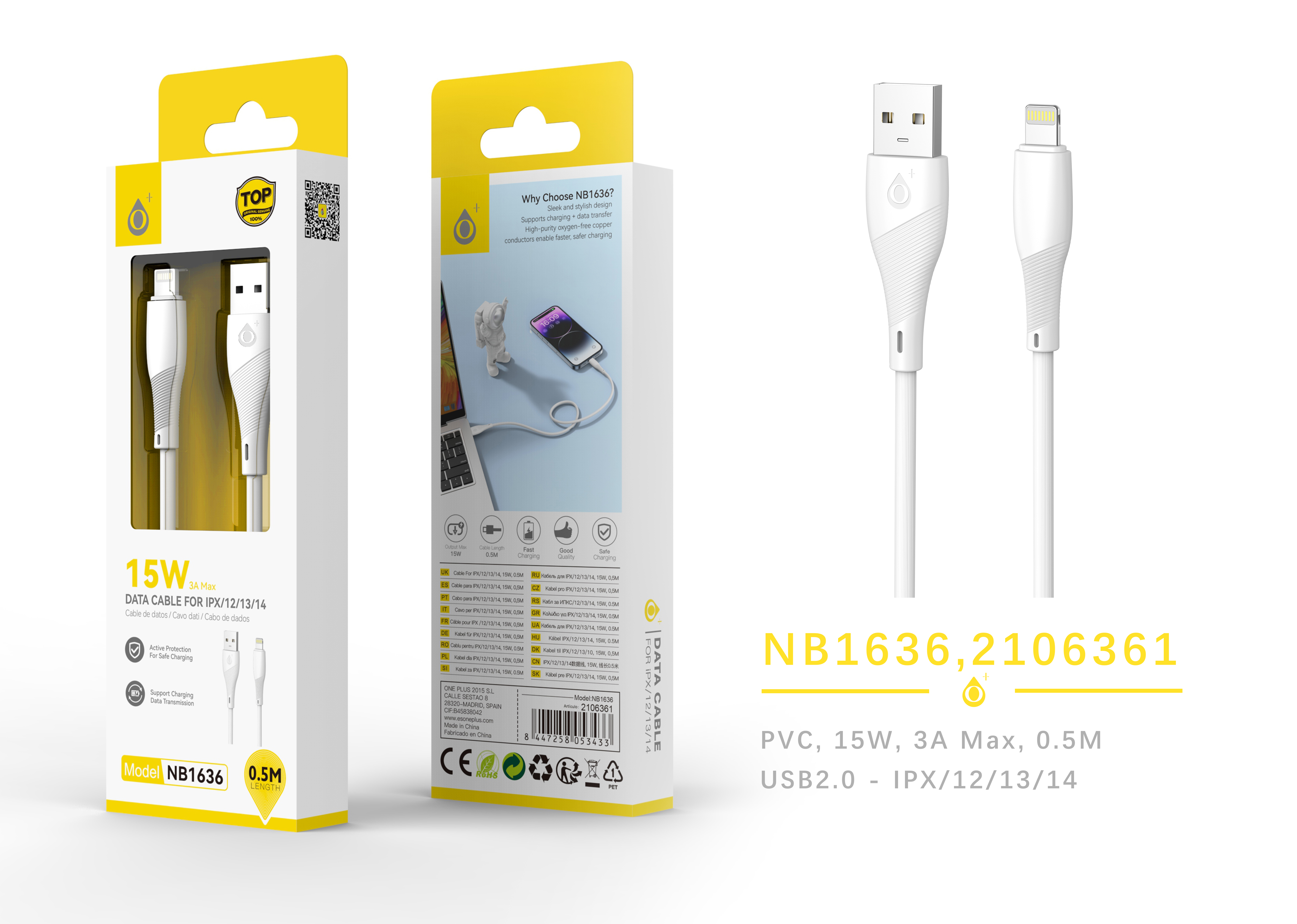 NB1636 BL 15W/3A Mini Cable de Datos Walsh para Iphone 5-14, 0.5M, Blanco