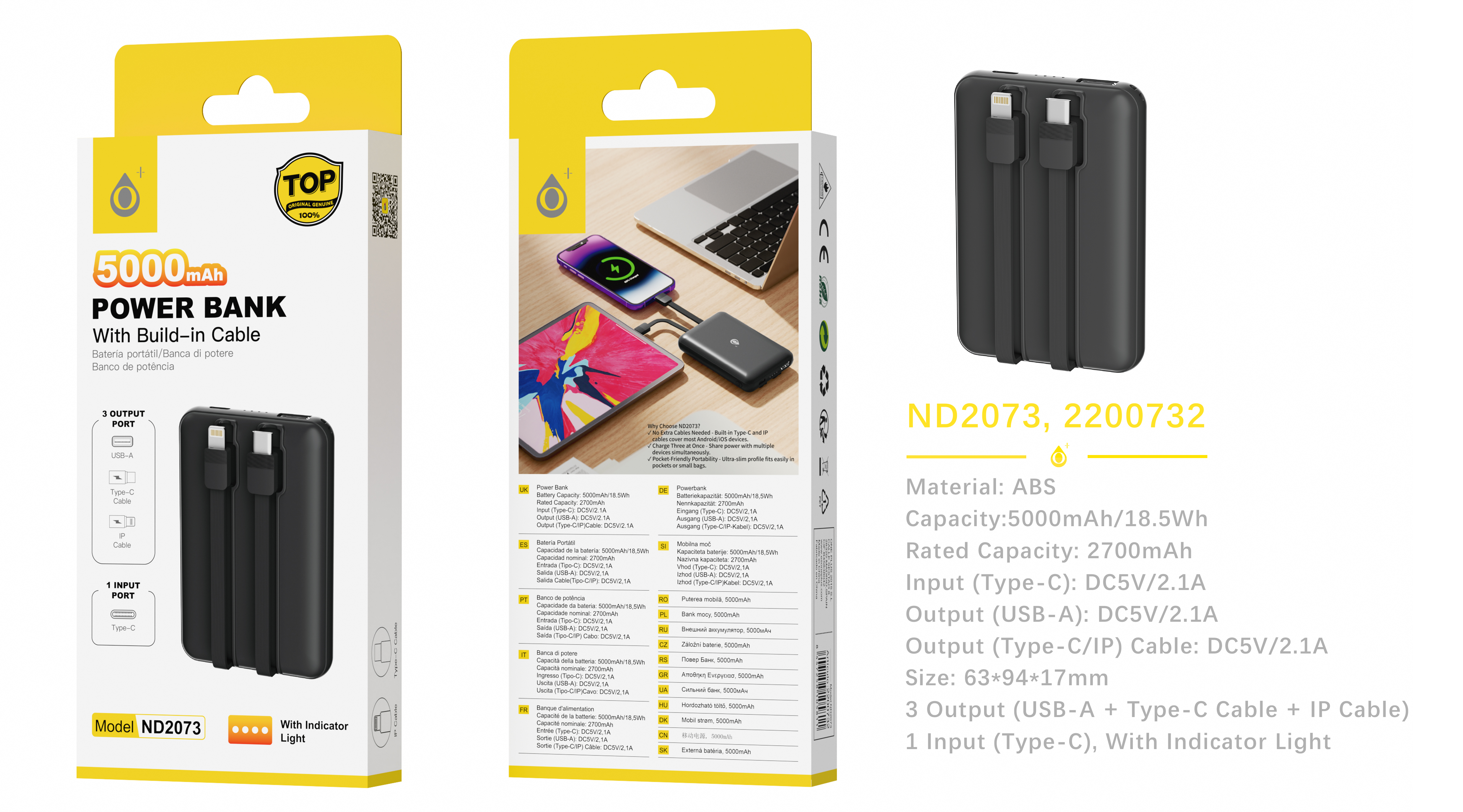 NB2073 NE 5000mAh/18.5Wh powerbank con luz indicador,1 entrada Type-C + 3 salida USB+A/Cable Type-C/