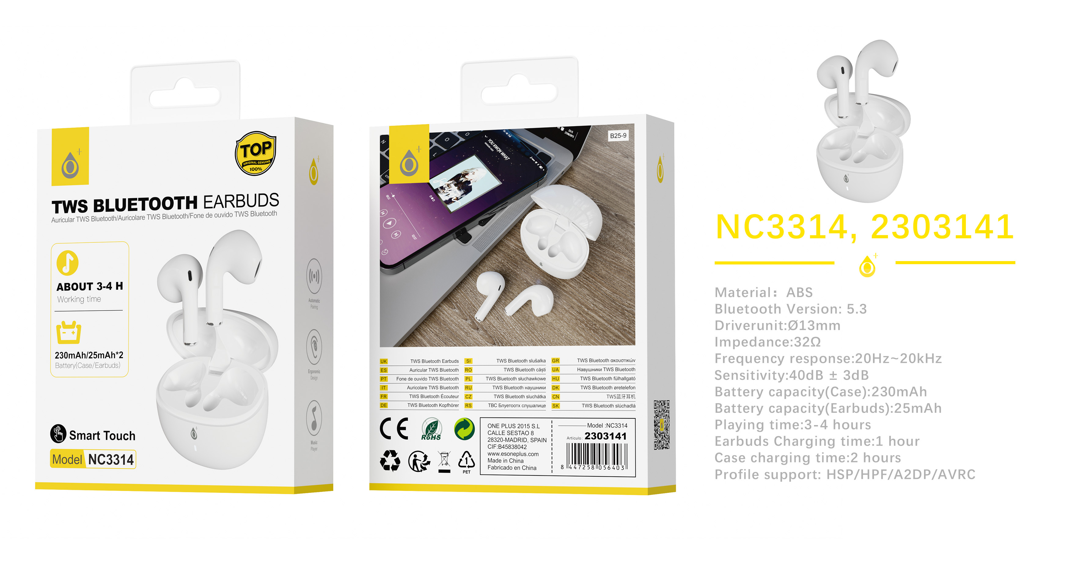 NC3314 BL Auriculares TWS Bluetooth 5.3, Bateria (25mAh*2 3-4hora de uso£©Con Estuche Recargable 230