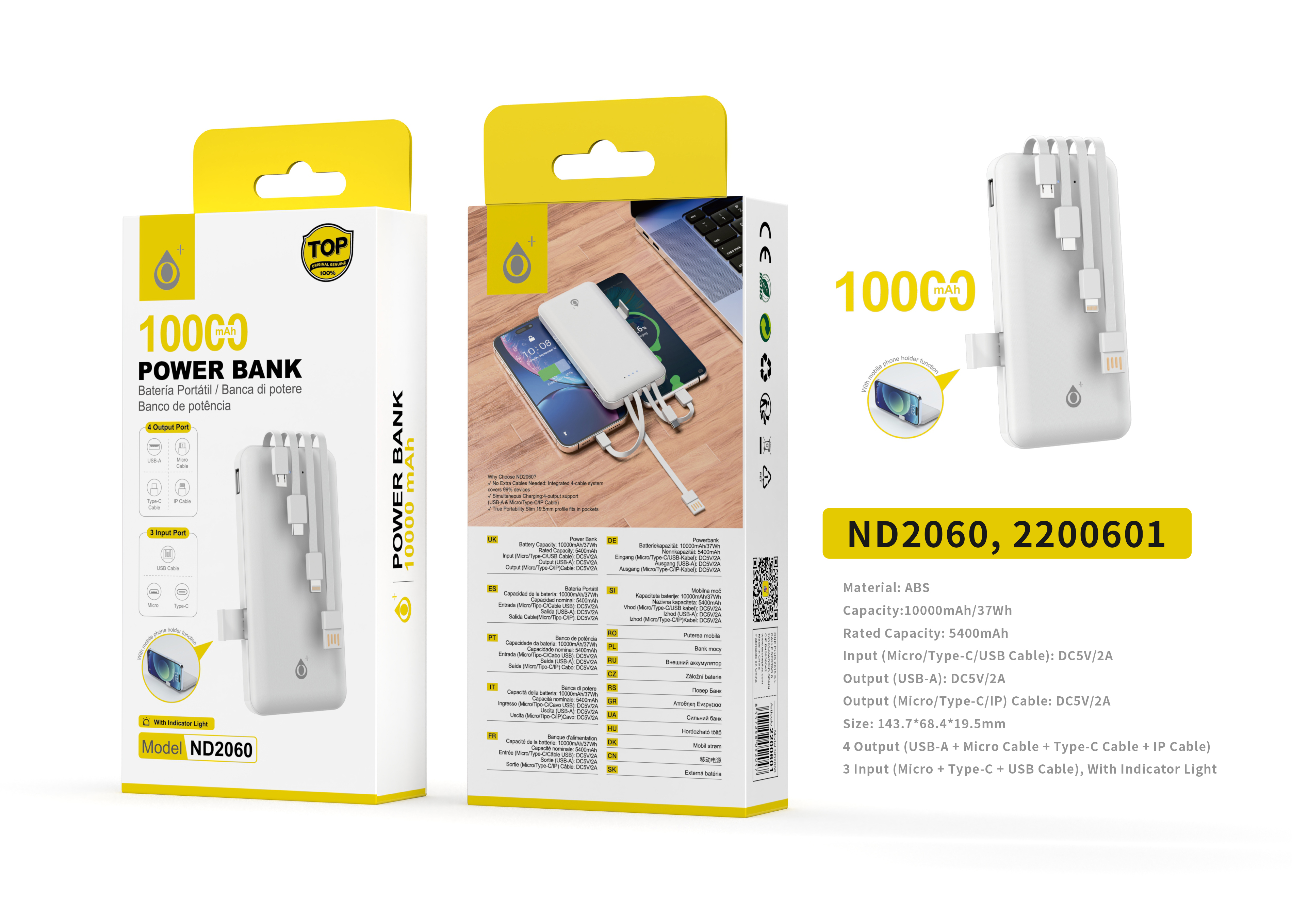 ND2060 BL 10000mAh/37wh Powerbank con 3 entrada(Micro/Type-C/cable USB) 4 salida(Cable Micro/Iphone/Type-C/USB-A), Blanco