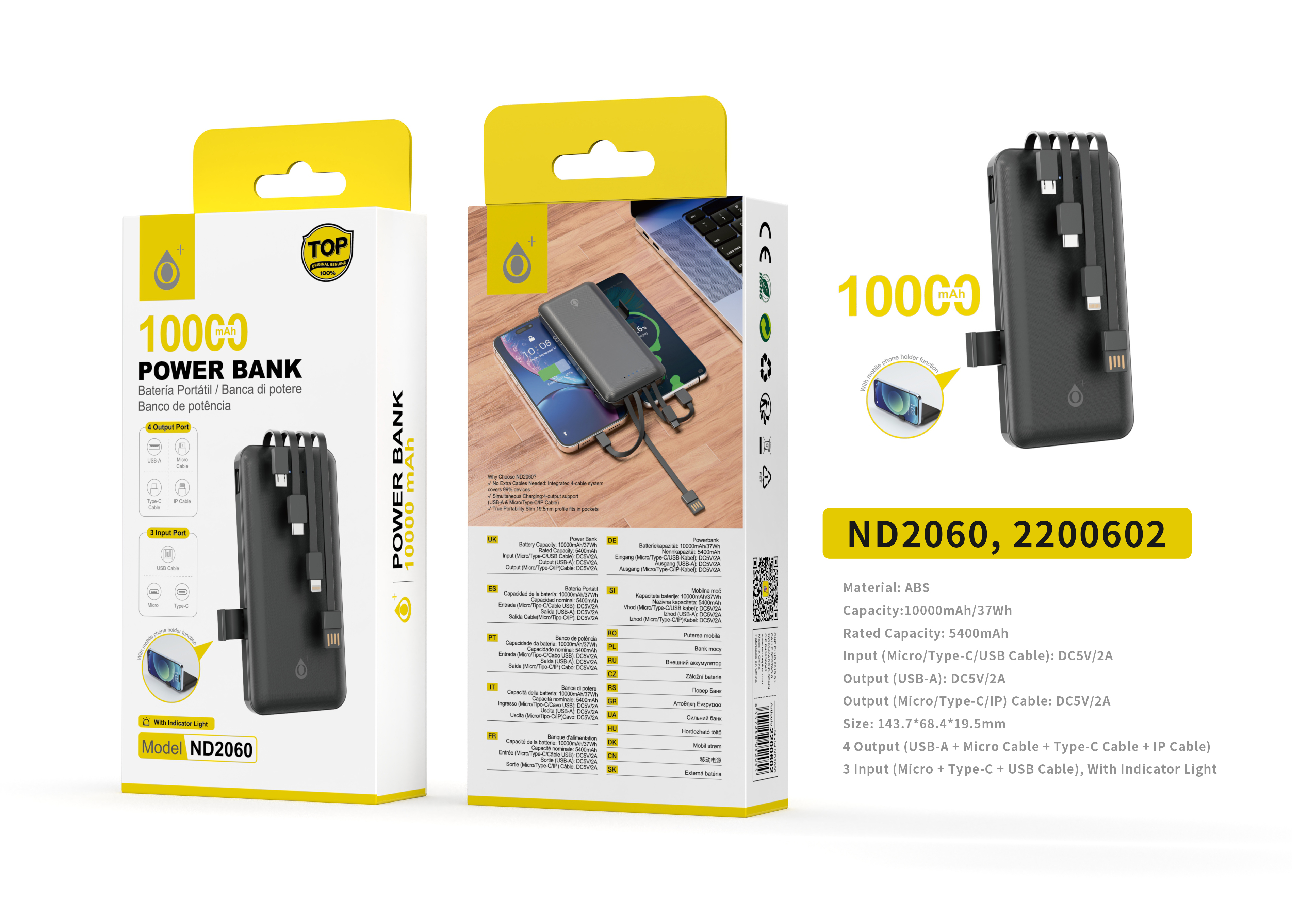 ND2060 NE 10000mAh/37wh Powerbank con 3 entrada(Micro/Type-C/cable USB) 4 salida(Cable Micro/Iphone/Type-C/USB-A), Negro