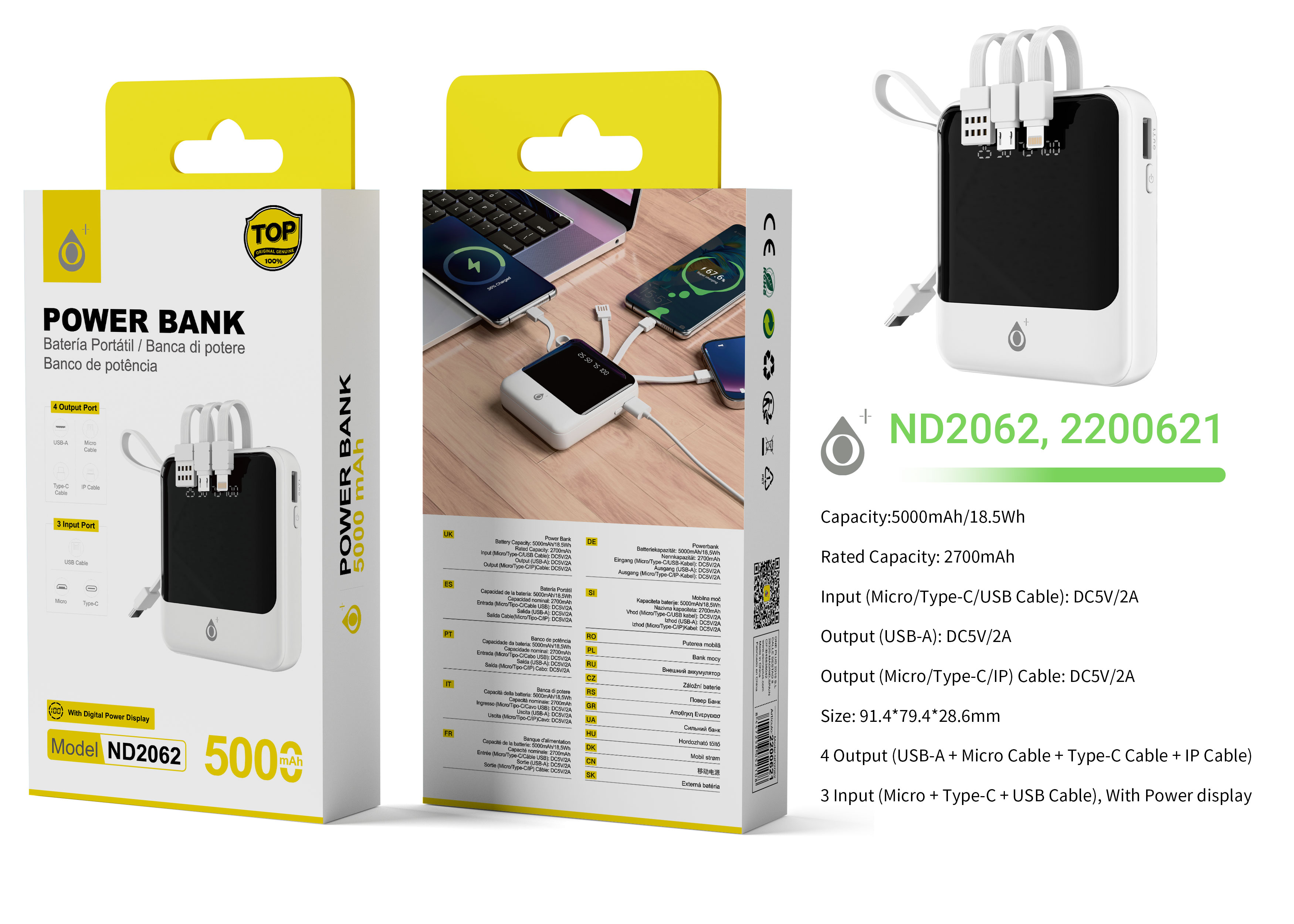 ND2062 BL Power Bank con cable e indicador de bateria 5000mAh/18.5Wh, Blanco