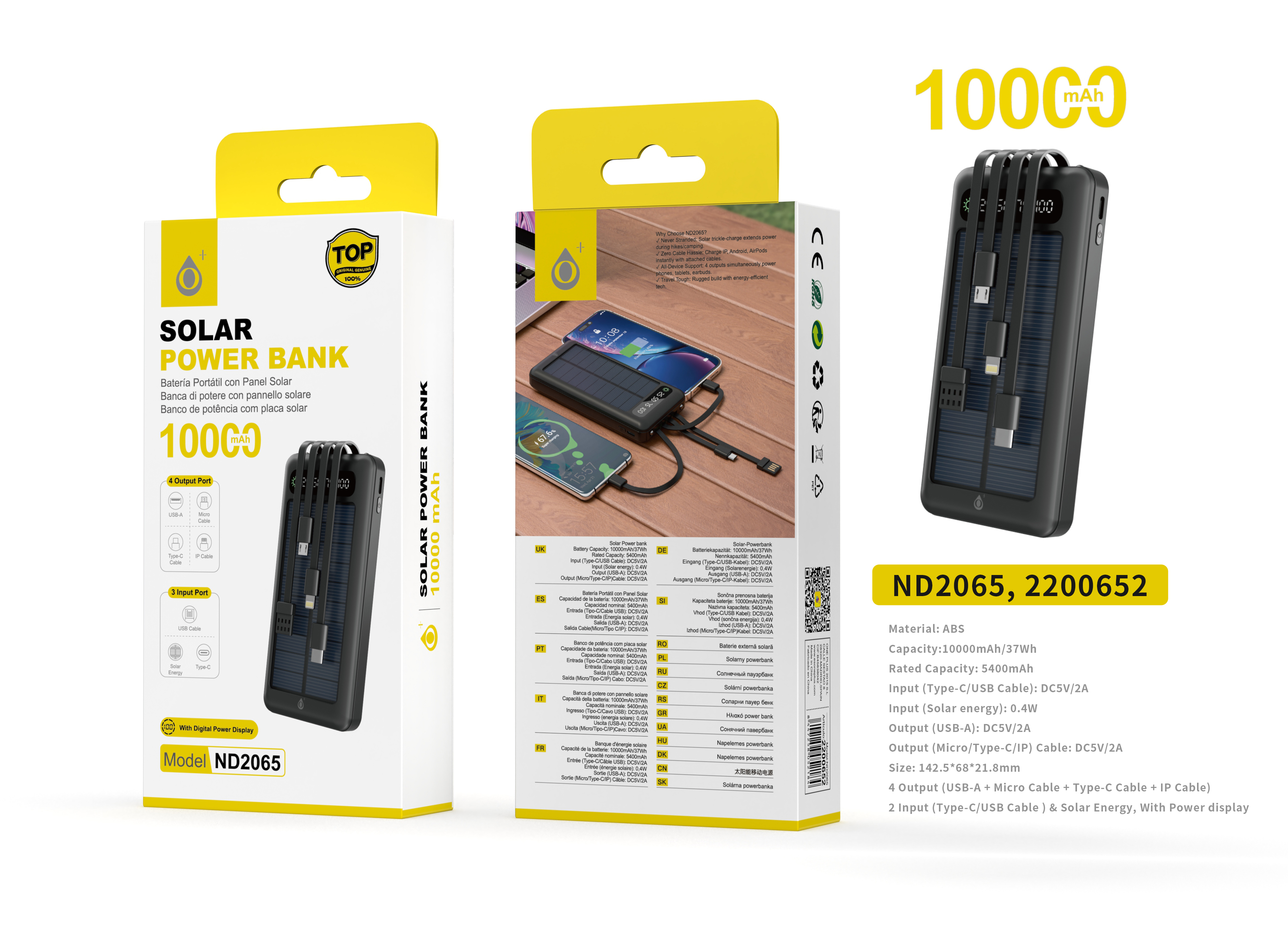 ND2065 NE 10000mAh/37wh Powerbank con 3 entrada(Type-C/cable USB/Panel solar) 4 salida(Cable Micro/Iphone/Type-C/USB-A), Negro