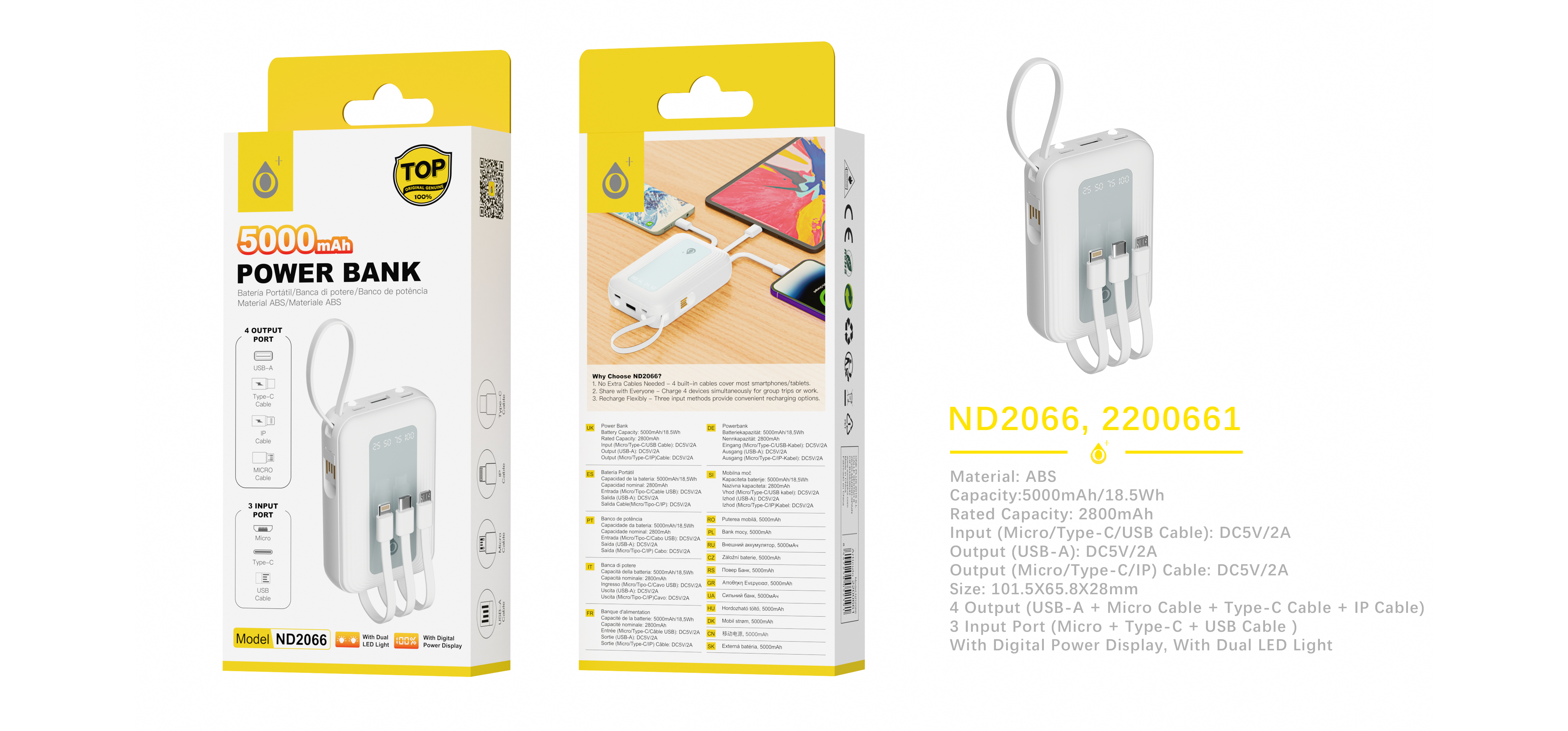 ND2066 BL PowerBank 5000mAh con pantalla digital, Incluye 4 Cables (Micro USB, Type-C, Lightning, US