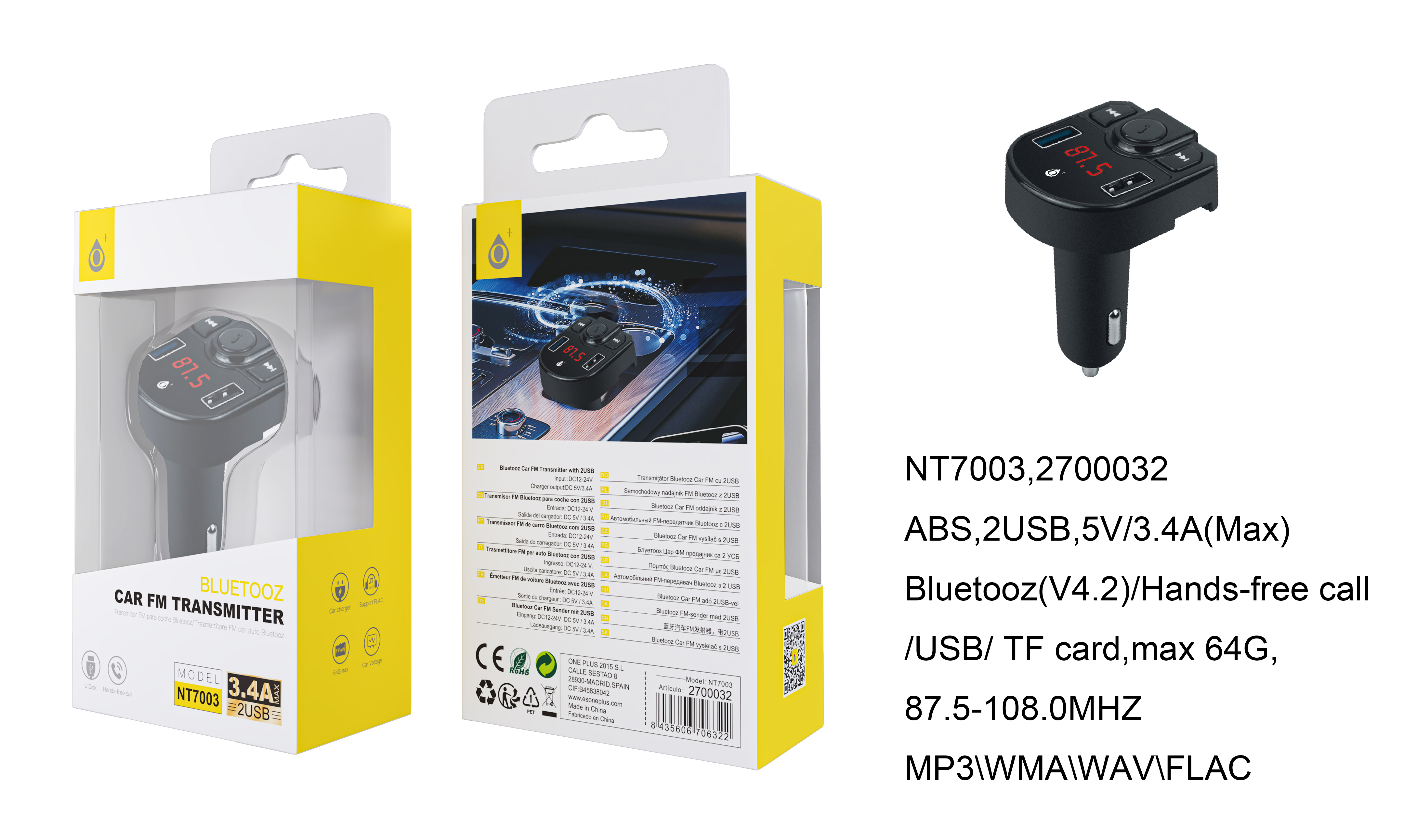 Jc Nt7002-ne Transmisor Fm Bluetooth Con Doble Usb Con Conector De