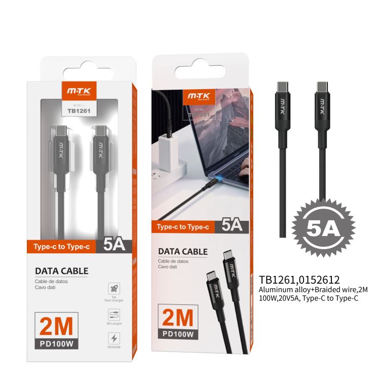 TB1261 NE Cable de Datos Aluminio Type C a Type C, Soporta a SuperCarga PD, 100W compatible para Portatiles y Moviles, 2M, Negro