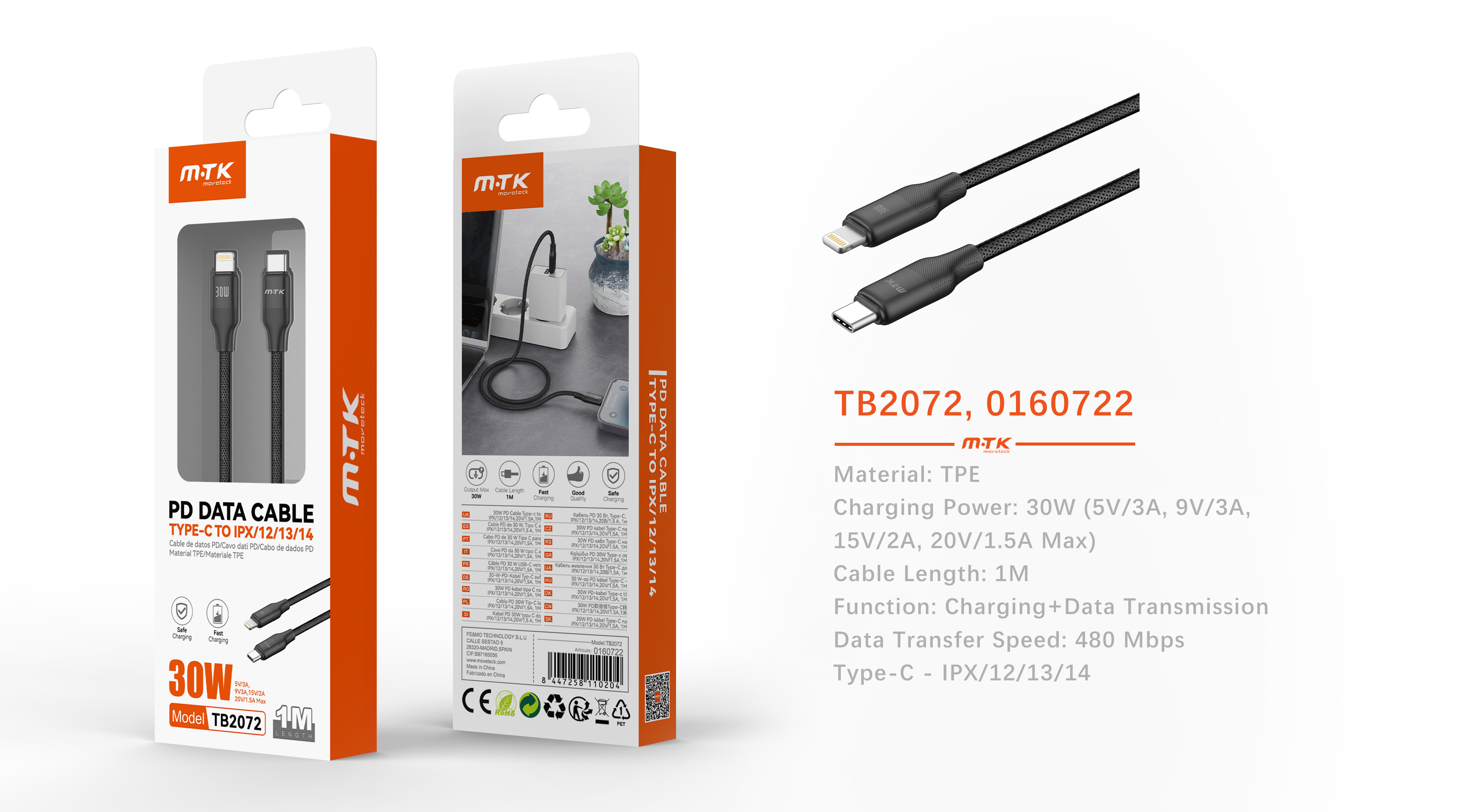 TB2072 NE Cable de Datos Zal TPE, Type-C a Iphone, Carga rapida PD 30W/20V/1.5A, Cable 1M, Negro