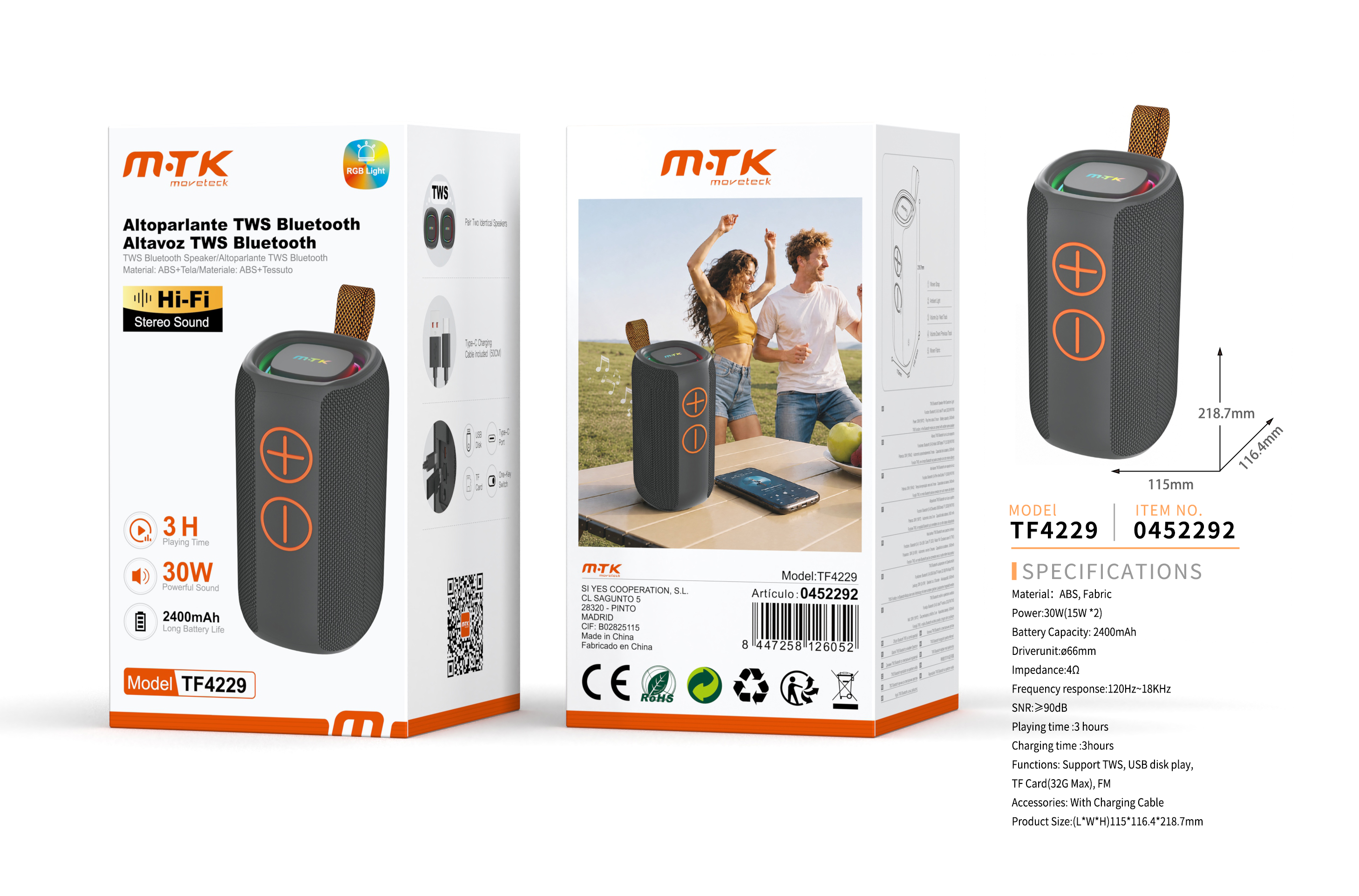 TF4229 NE  Altavoz bluetooth TWS HIFI/30W/2400mAh 3H de produccion Soporta USB/TF/FM Negro