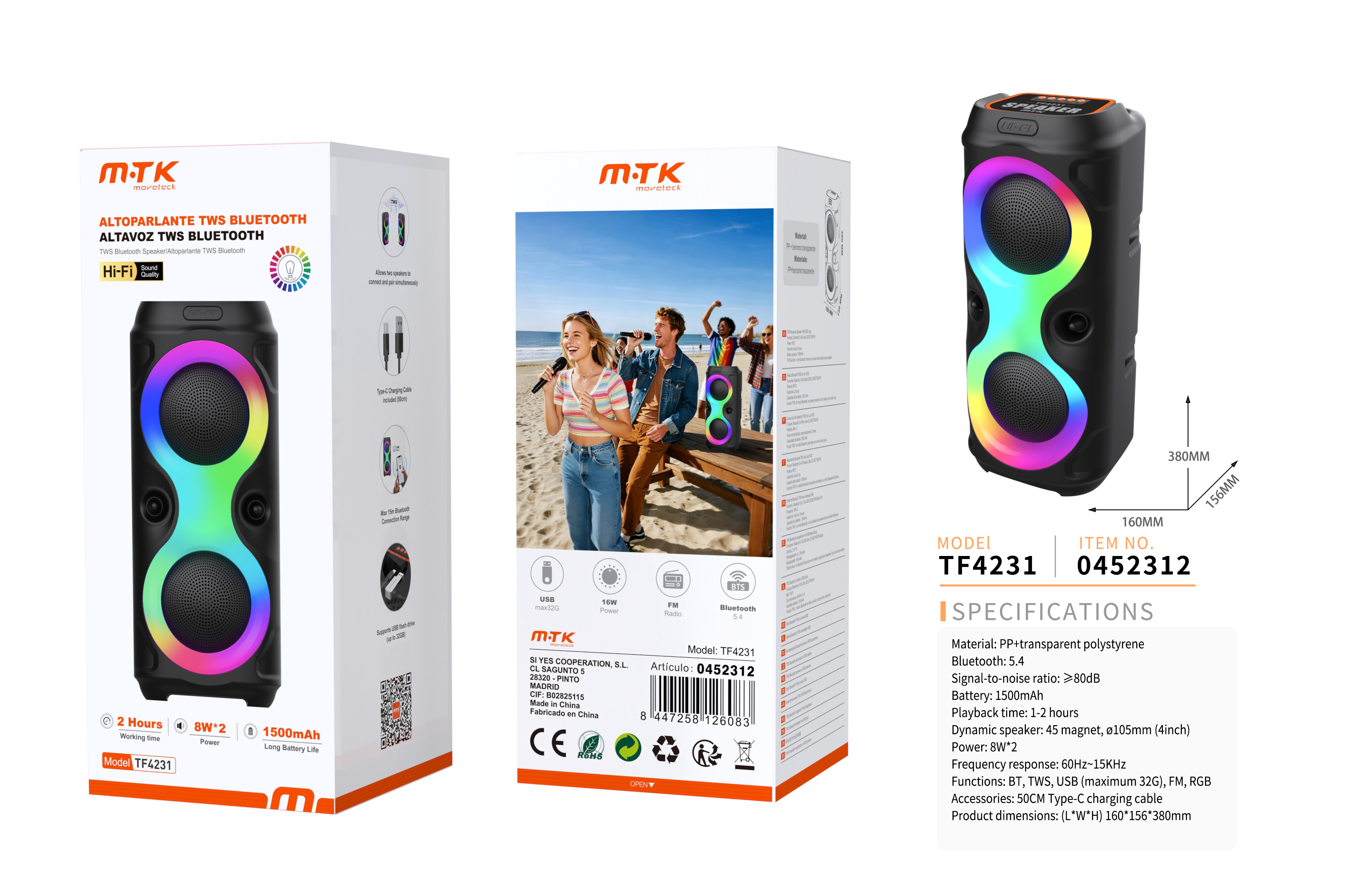 TF4231 NE Altavoz TWS RGB con sonido HIFI Bateria 1500mAh/8W*2 con 1-2H de autonomia Soporta USB/FM