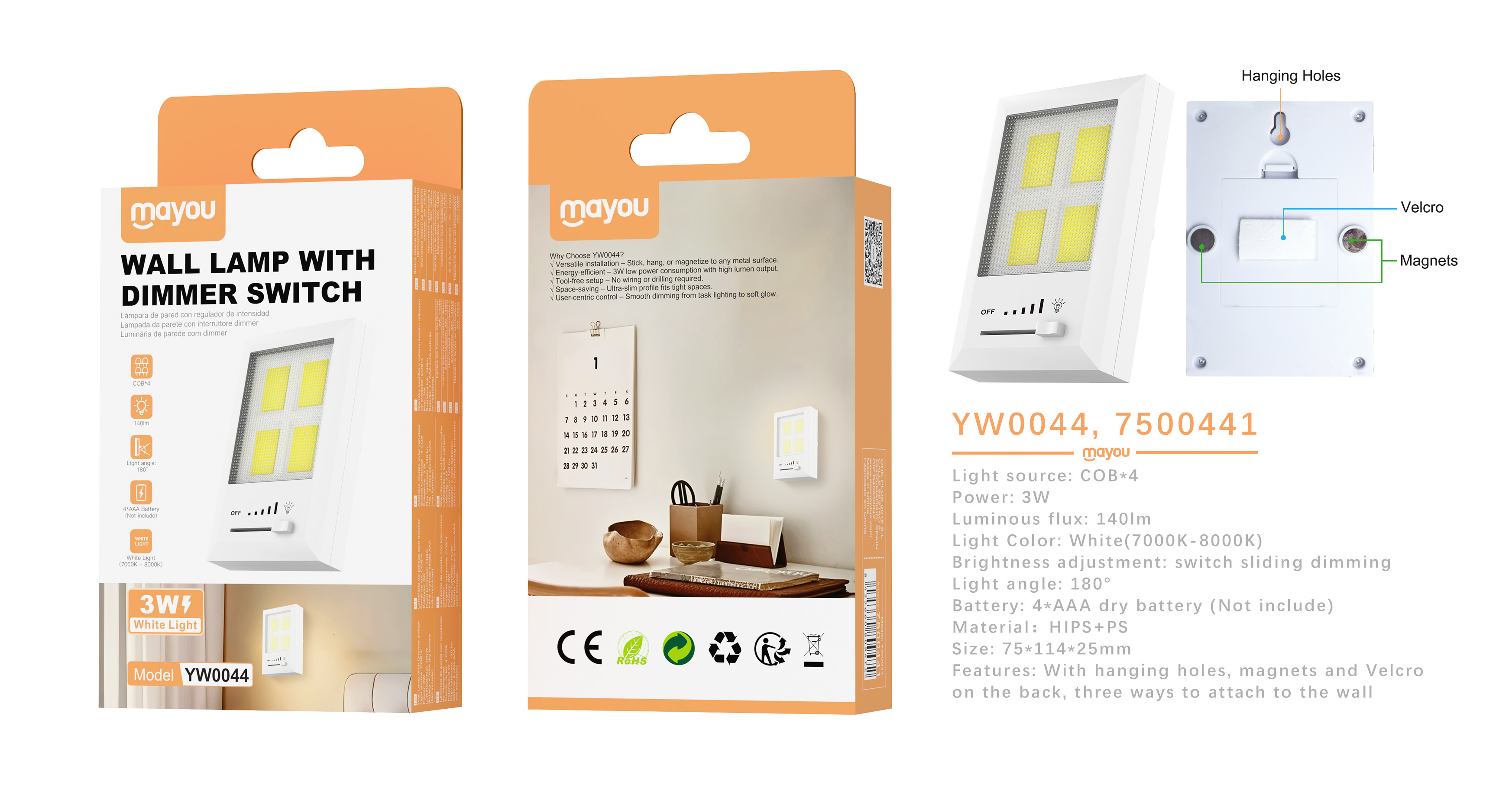 YW0044 BL Lampara de pared con luz COB*4 regulable, 140LM/3W, Bateria AAA*4 (no Incluido), Blanco